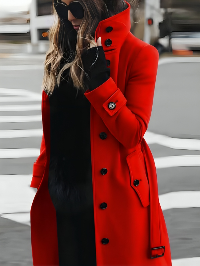 Kassia - Elegante cappotto lungo aderente con cintura e doppia abbottonatura