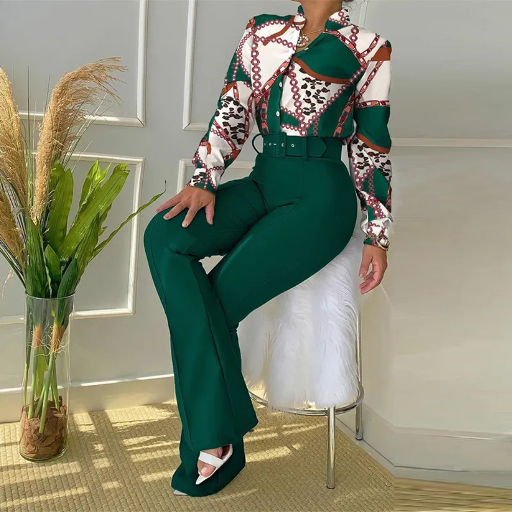 Lennea - Elegante completo con polo stampato a maniche lunghe e pantaloni