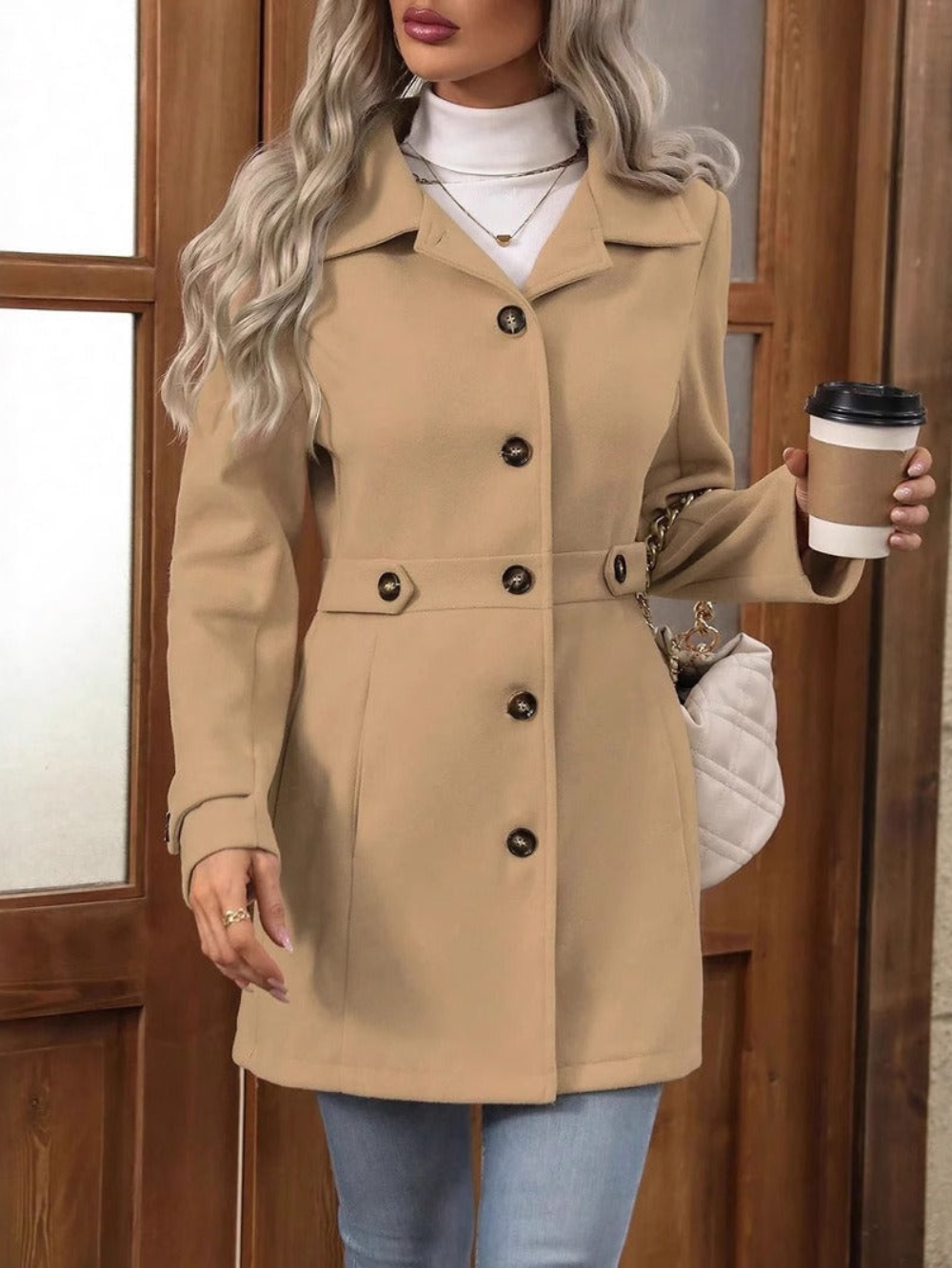 Janaya - Elegante e versatile cappotto aderente con revers abbottonati