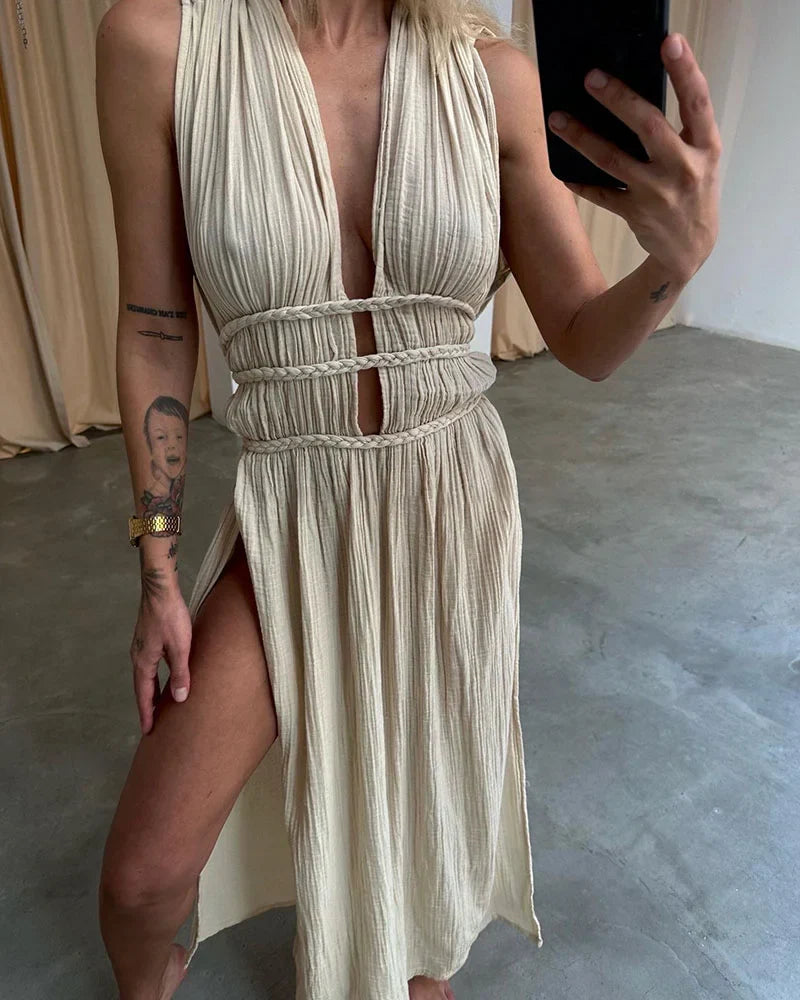 Diana - Abito elegante in cotone e lino con pizzo e spacchi intrecciati
