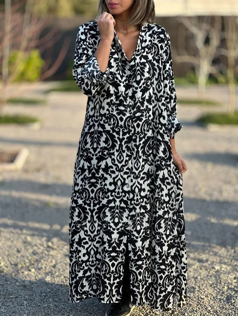 Jamella – Elegante Maxi Abito a Maniche Lunge con Stampa Etnica