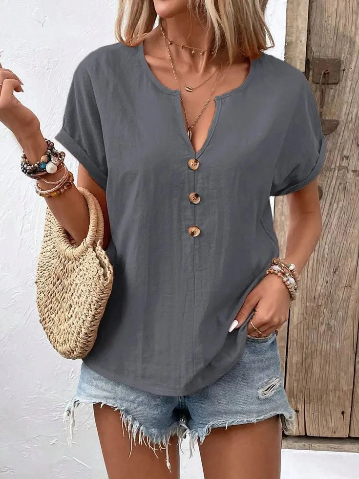 Vexana - Blusa casual a maniche corte con scollo a V e bottoni