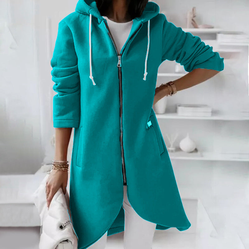 Darlene - Elegante giacca lunga con cappuccio e cerniera