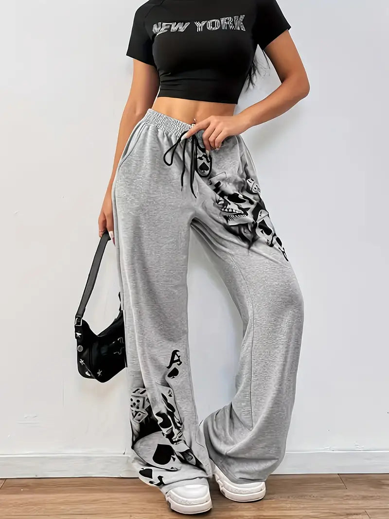 Sally - Pantaloni larghi con stampa a forma di corvo e coulisse
