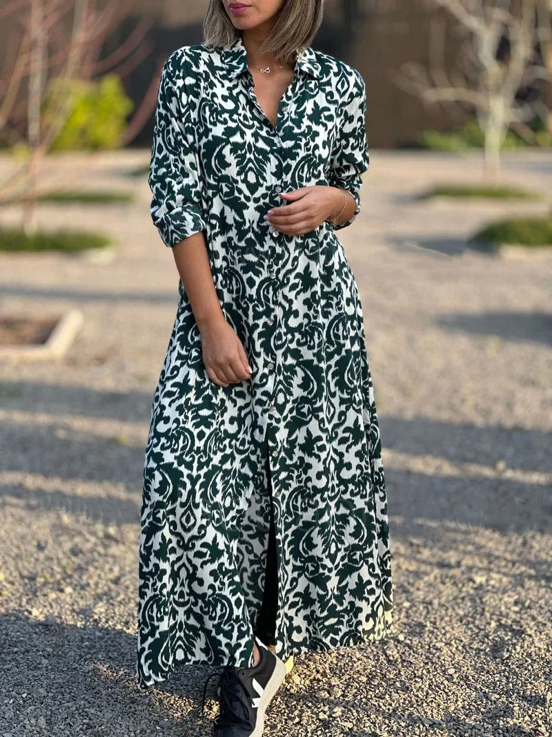 Jamella – Elegante Maxi Abito a Maniche Lunge con Stampa Etnica