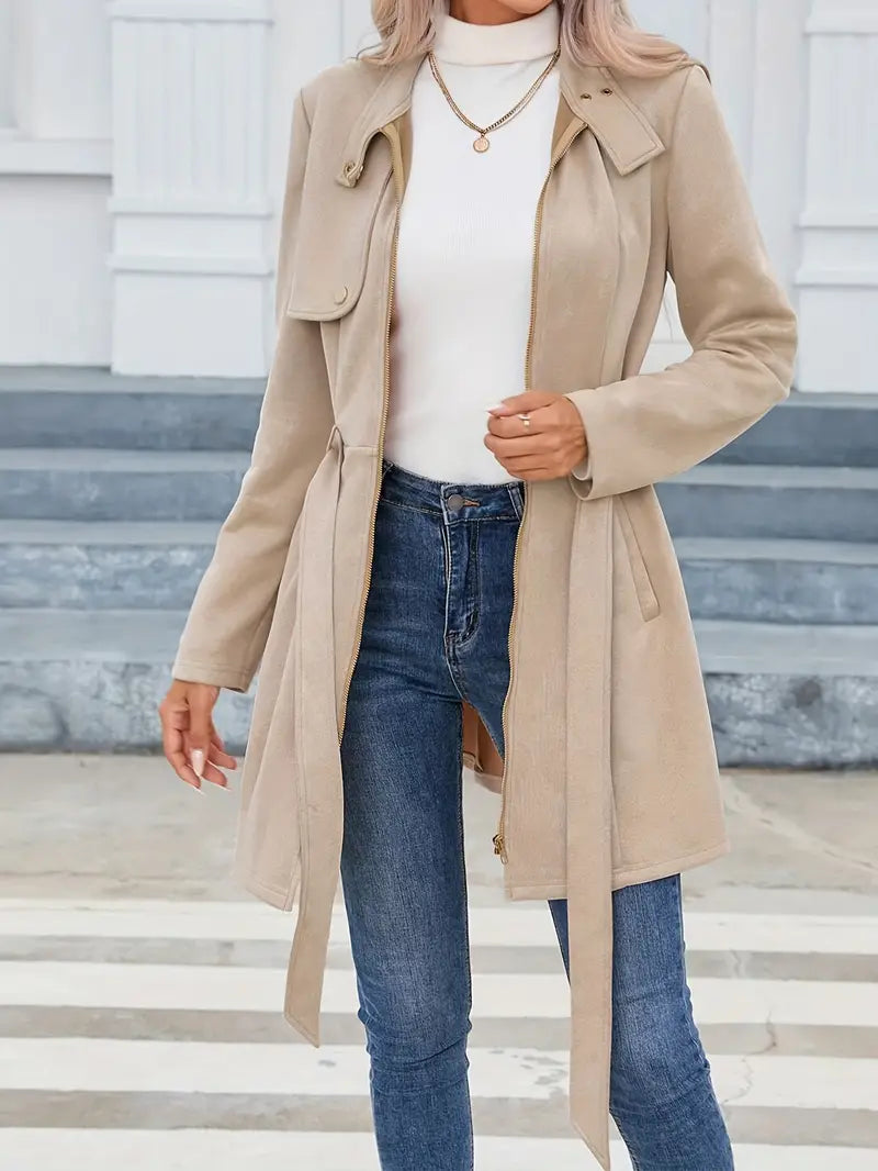 Elsie - Cappotto di media lunghezza con cerniera, collo alto e cintura