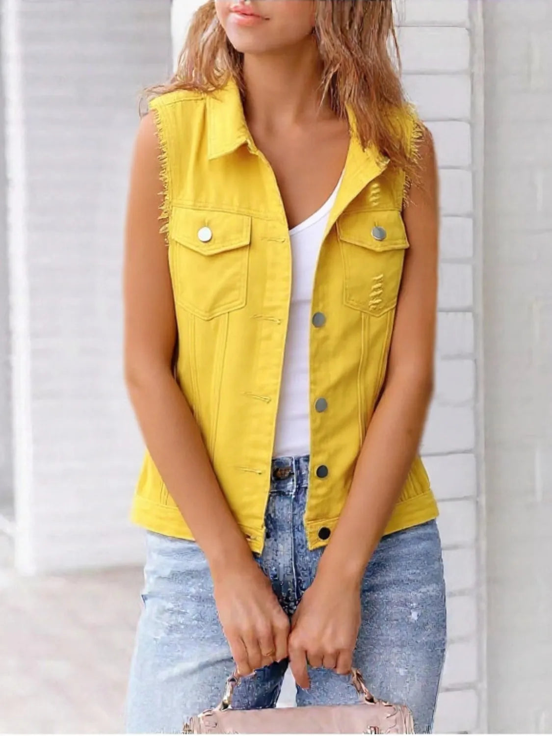 Danica - Elegante gilet in denim sfrangiato senza maniche