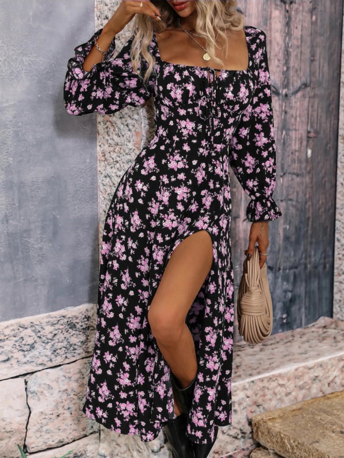 Anastasia - Abito Elegante con Scollo Quadrato, Maniche a Volant e Stampa Floreale