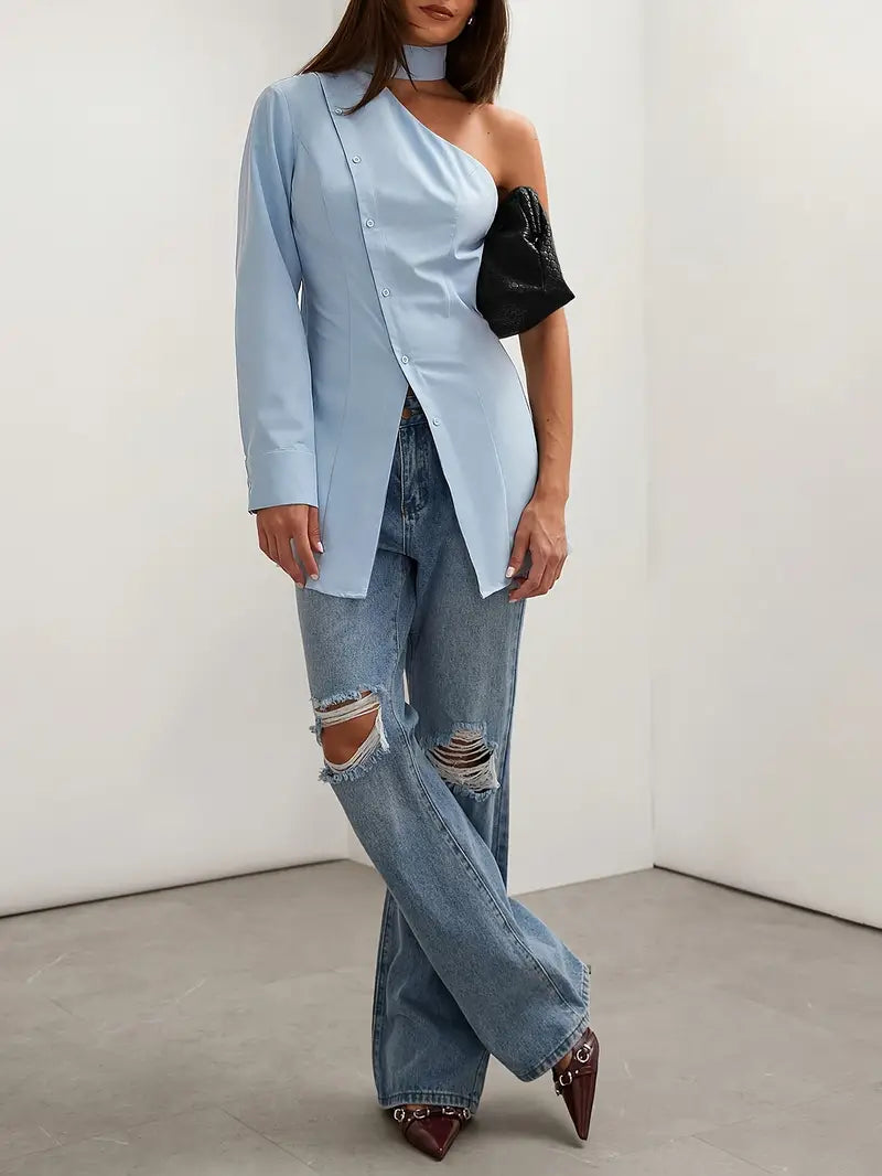 Dorothy - Elegante camicia monospalla a maniche lunghe