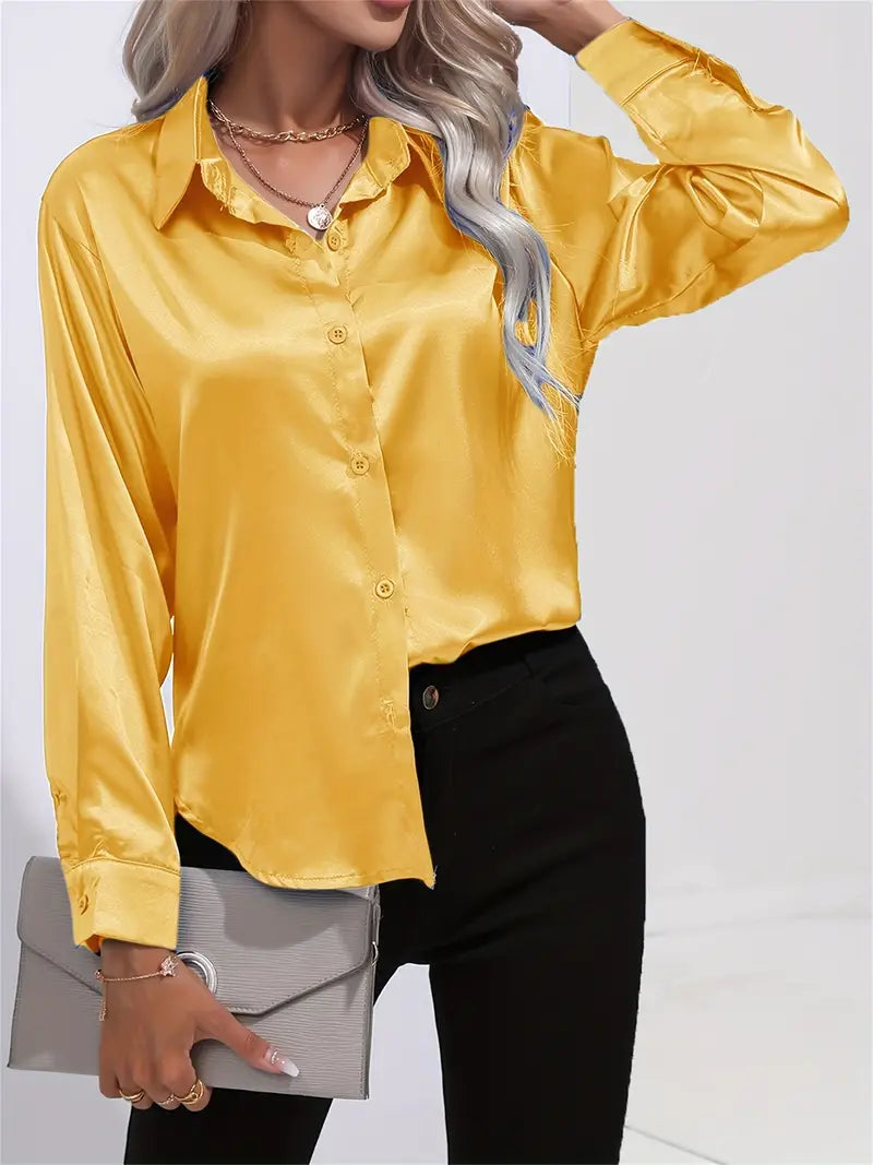 Celia - Lussuoso top in raso di seta a maniche lunghe con bottoni