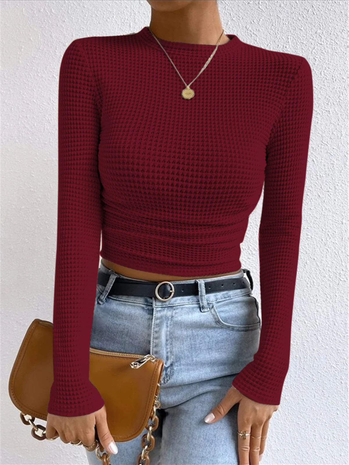 Sabrina - Felpa corta casual in maglia waffle a taglio slim