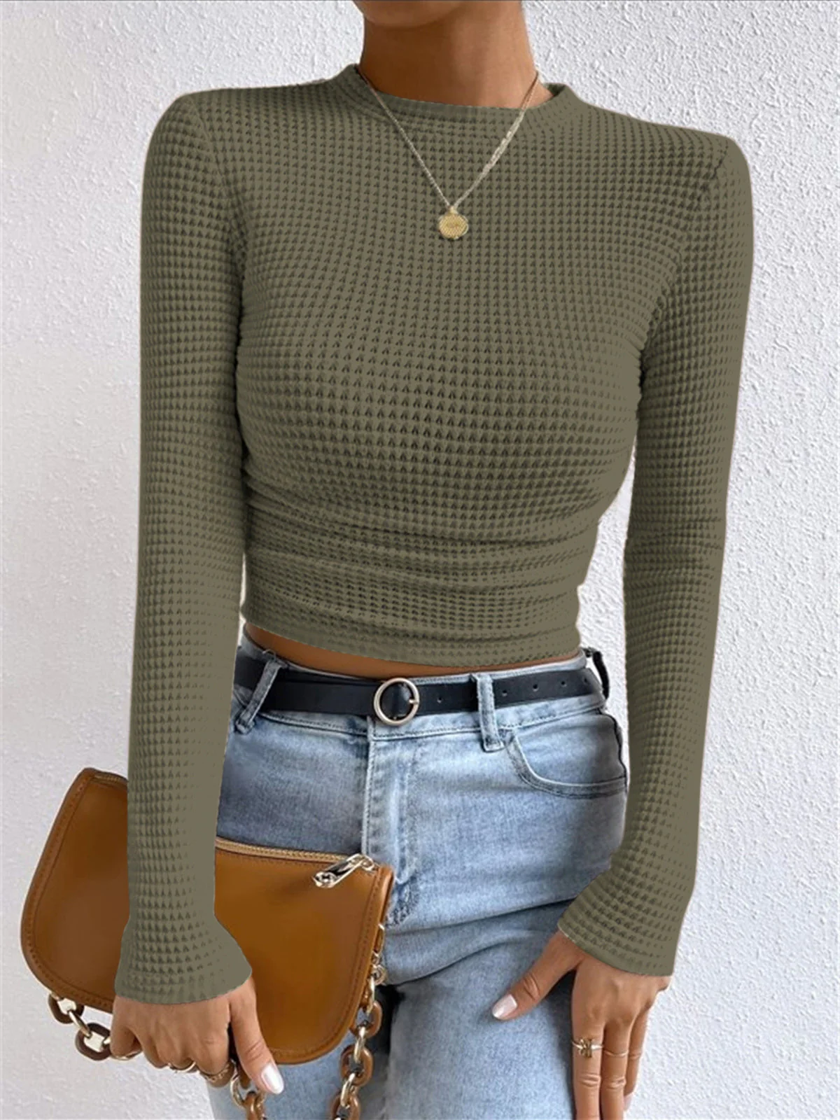 Sabrina - Felpa corta casual in maglia waffle a taglio slim