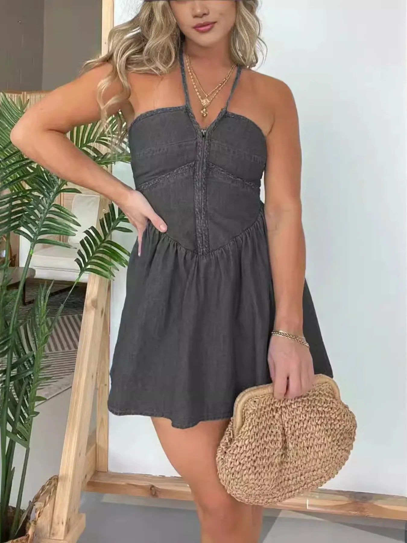 Rowena - Abito Casual in Denim con Collo Halter e Lacci