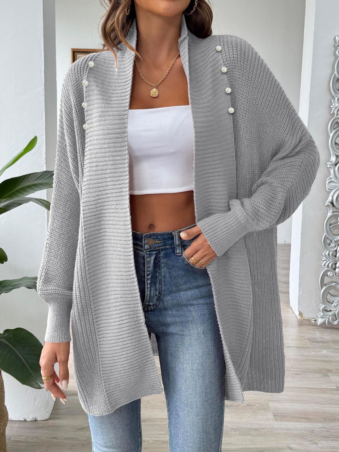 Clarice - Elegante cardigan lungo a maniche lunghe con apertura frontale