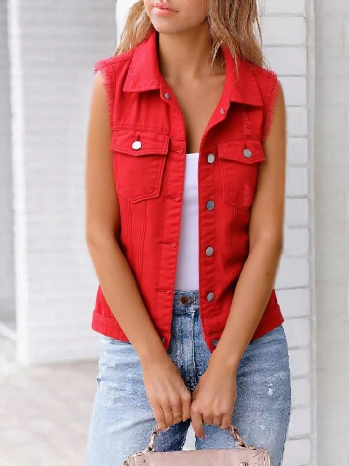 Danica - Elegante gilet in denim sfrangiato senza maniche