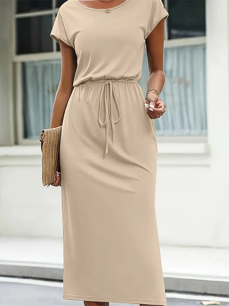 Lucy - Abito casual a maniche corte con scollo tondo e cintura da annodare