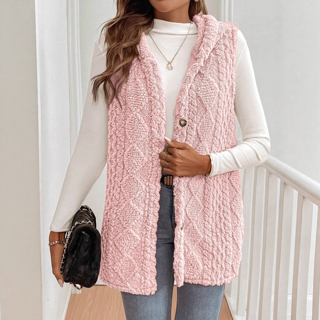 Iliza - Gilet cardigan senza maniche con cappuccio elegante e morbido