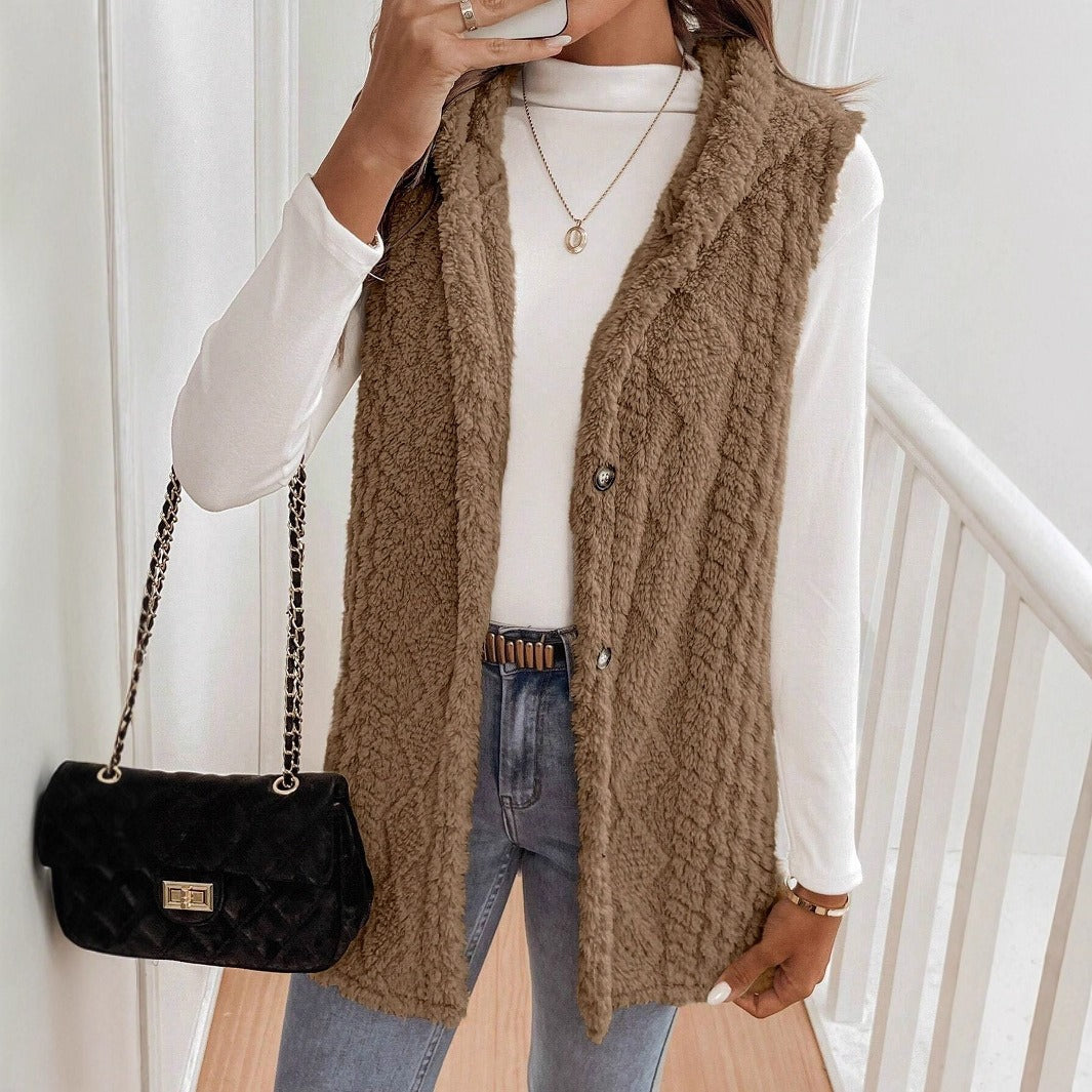 Iliza - Gilet cardigan senza maniche con cappuccio elegante e morbido