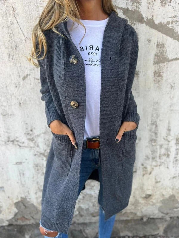 Sahana - Elegante cardigan lungo casual in maglia con cappuccio e bottoni