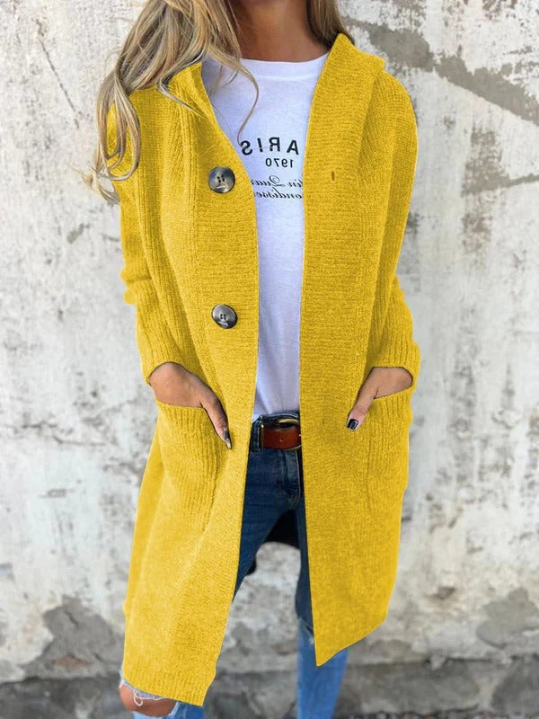 Sahana - Elegante cardigan lungo casual in maglia con cappuccio e bottoni