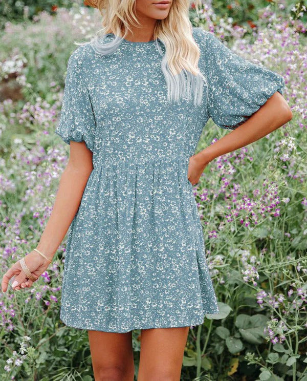 Anjelyn - Abito mini chic a maniche corte con stampa floreale e taglio a A
