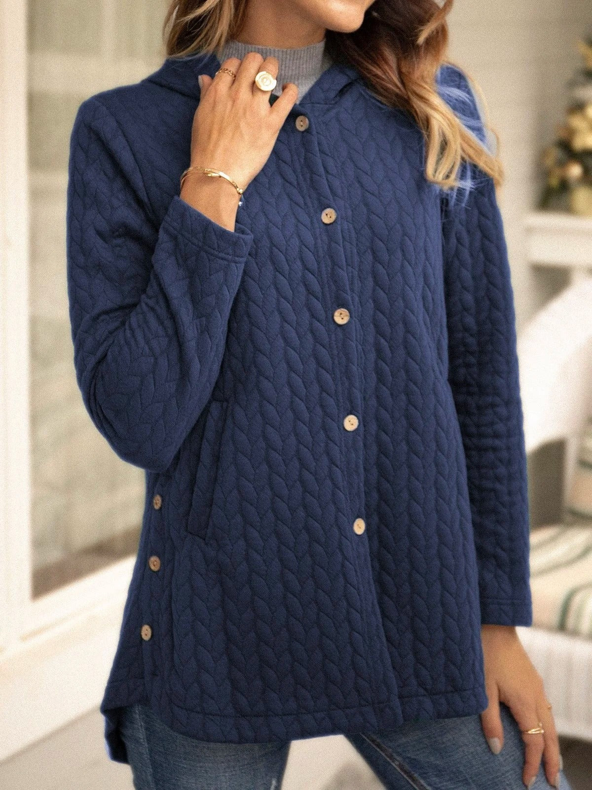 Yazmine - Cardigan casual e versatile in maglia con cappuccio e bottoni