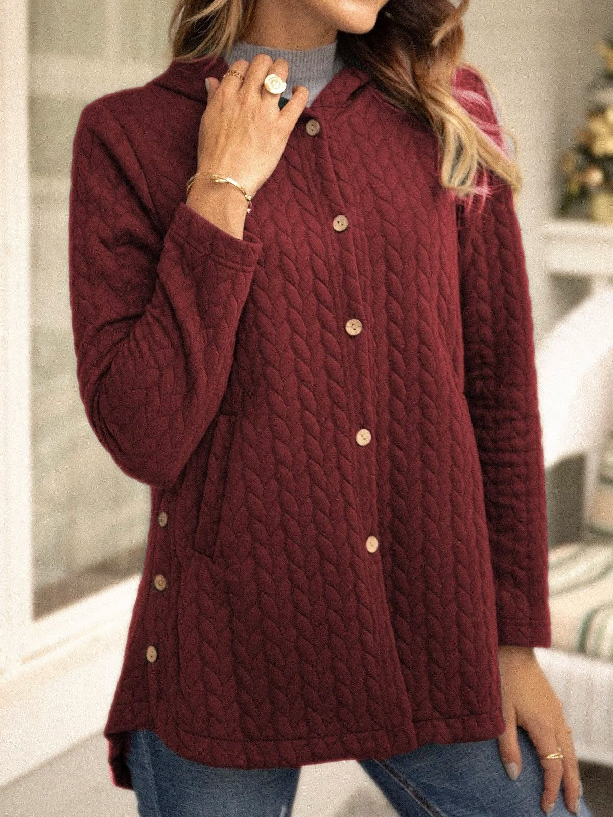 Yazmine - Cardigan casual e versatile in maglia con cappuccio e bottoni