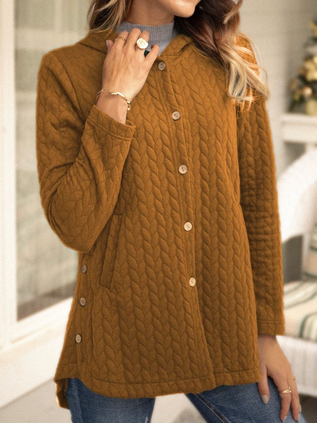 Yazmine - Cardigan casual e versatile in maglia con cappuccio e bottoni