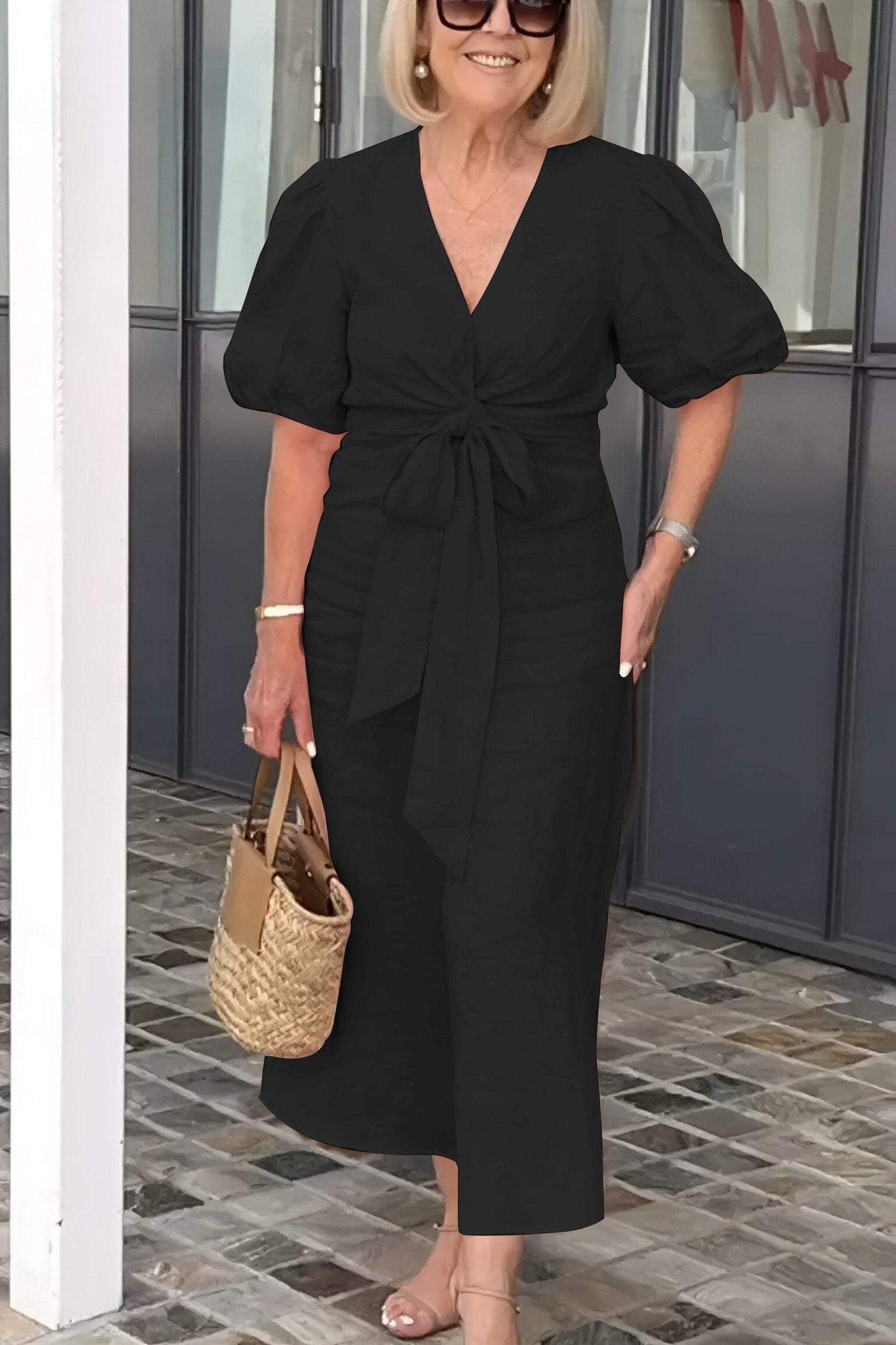 Tania - Abito da donna in cotone con scollo a V, allacciatura e maniche a sbuffo