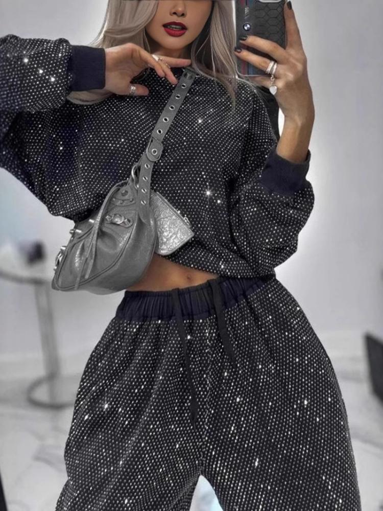 Laura - Completo due pezzi con manica lunga in paillettes e gamba larga con coulisse