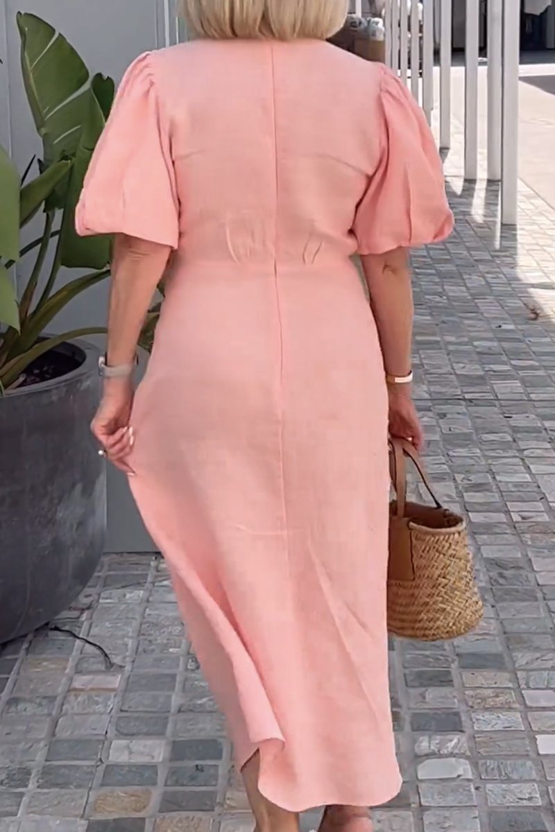 Tania - Abito da donna in cotone con scollo a V, allacciatura e maniche a sbuffo