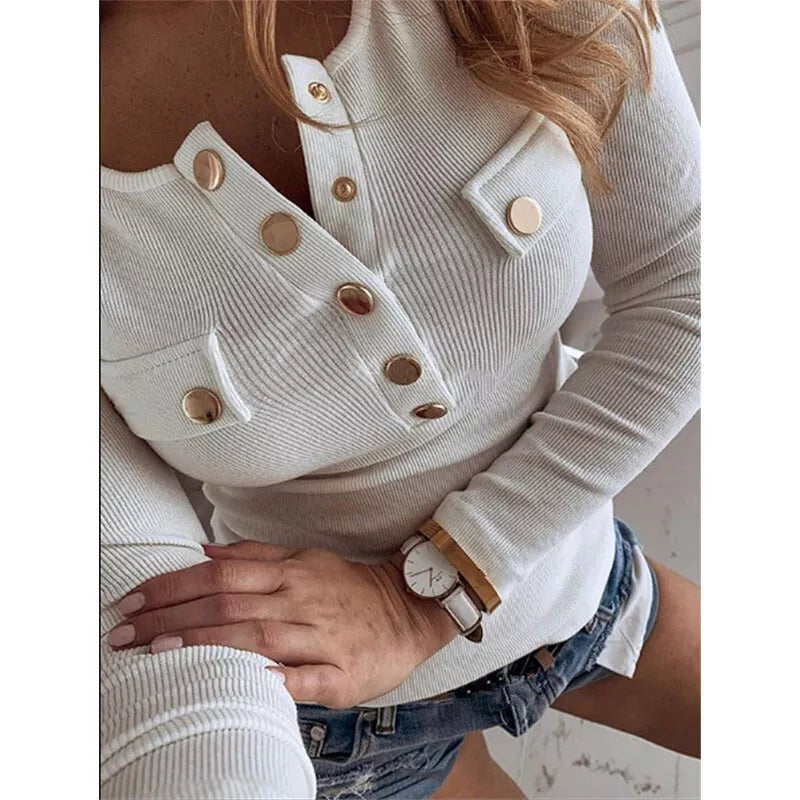 Casey - Top a coste con scollo a V e maniche lunghe da donna