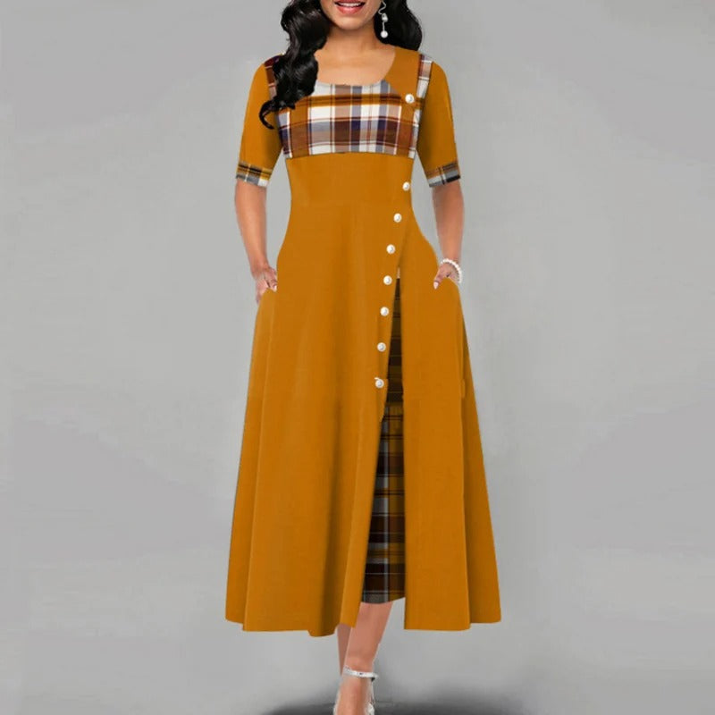 Louise - Abito patchwork a quadri con mezze maniche e patta con bottoni