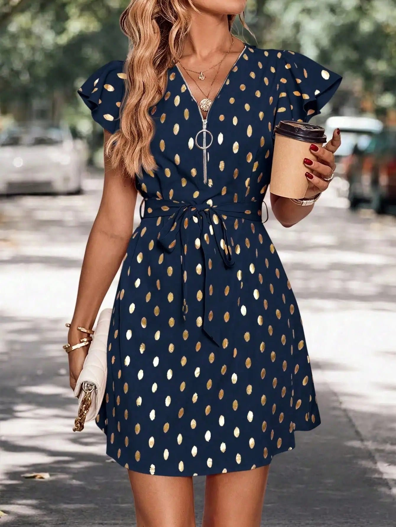 Alessandra - Elegante abito a pois con scollo a V