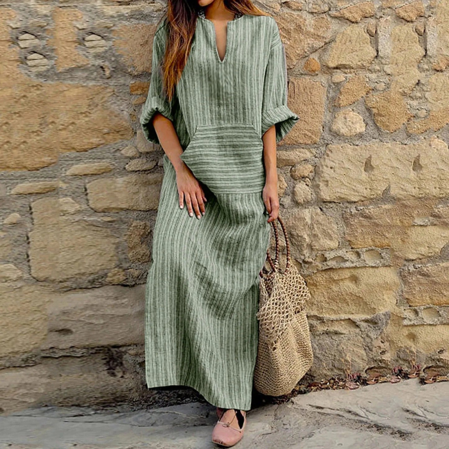 Alma - Abito lungo casual a righe con scollo a V