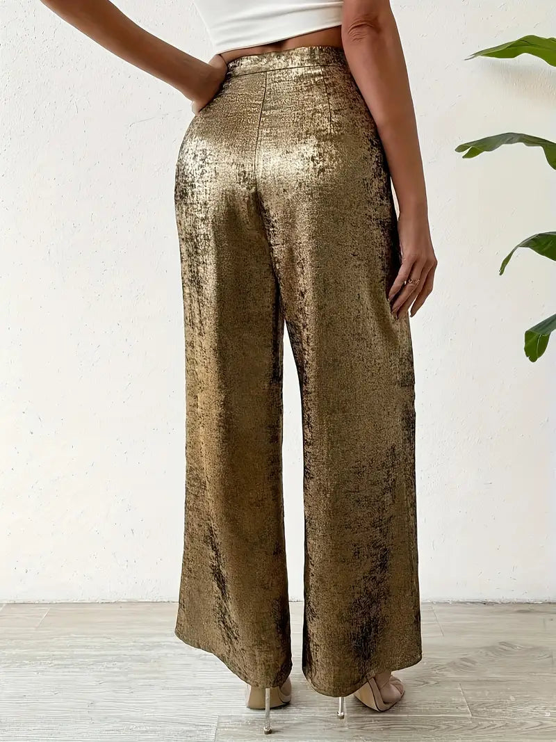 Marjorie - Eleganti pantaloni a vita alta dorati a gamba larga