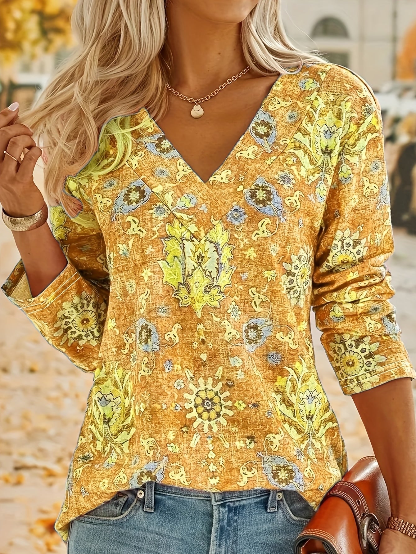 Rosaly - Elegante blusa a maniche lunghe con stampa boho e scollo a V