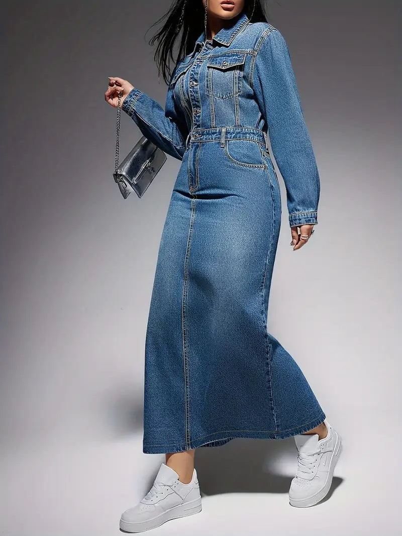Lydia - Elegante abito a maniche lunghe in denim look per donna