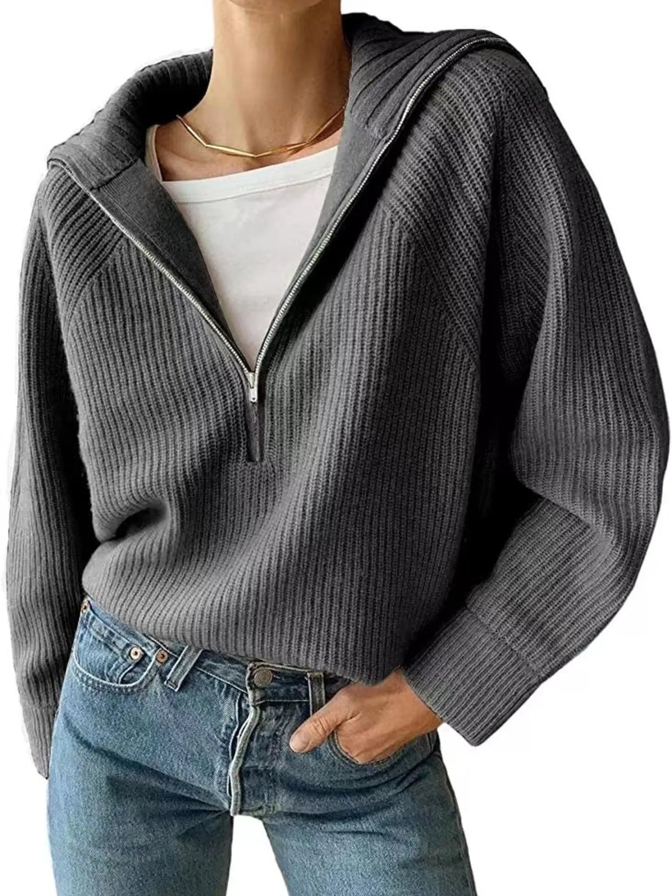 Edessa - Maglione in maglia oversize con mezza zip e maniche lunghe