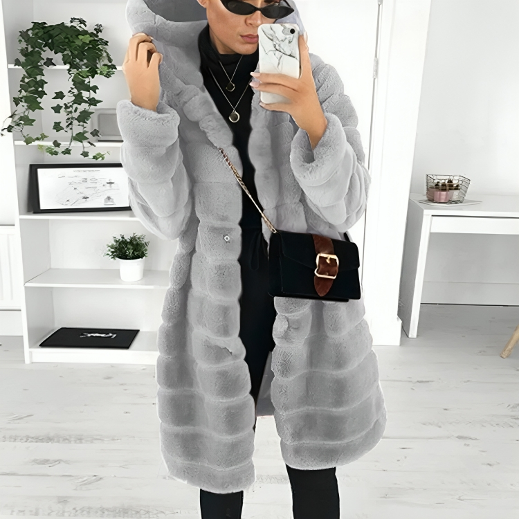 Alecia - Cappotto spesso e caldo in eco-pelliccia con cappuccio