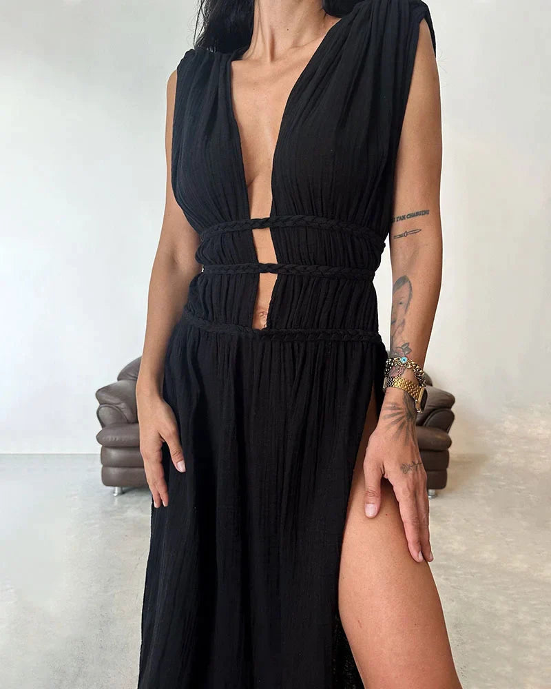 Diana - Abito elegante in cotone e lino con pizzo e spacchi intrecciati