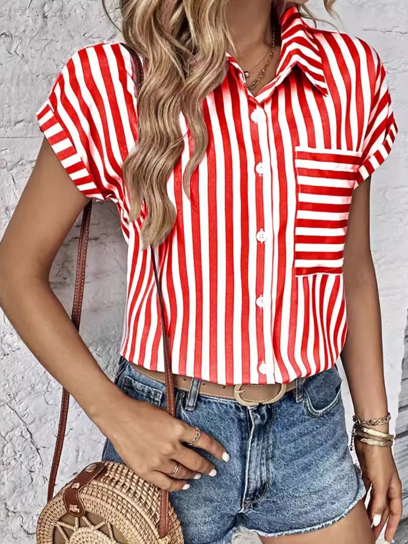 Amayah - Camicia a righe a maniche corte con bottoni e taschino