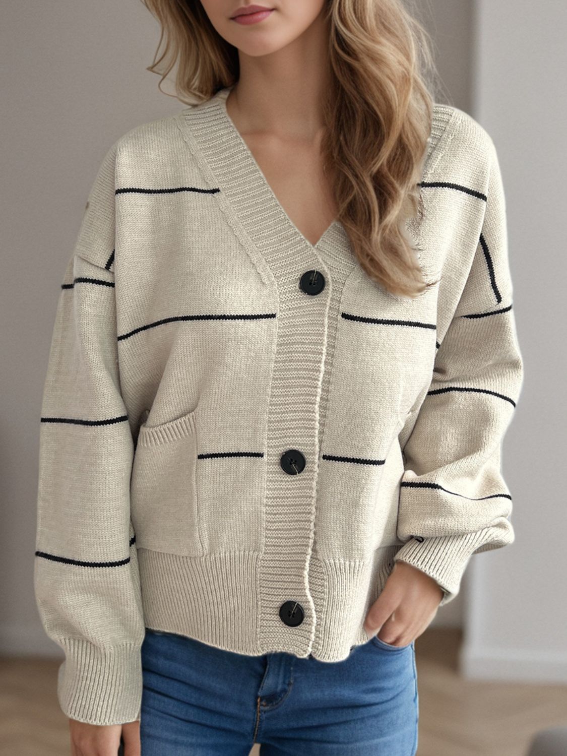 Aubrey - Cardigan casual a righe con scollo a V e bottoni