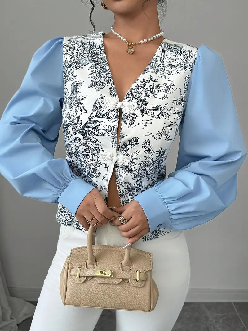 Elaine - Camicetta da donna con scollo a V e stampa floreale e maniche a lanterna