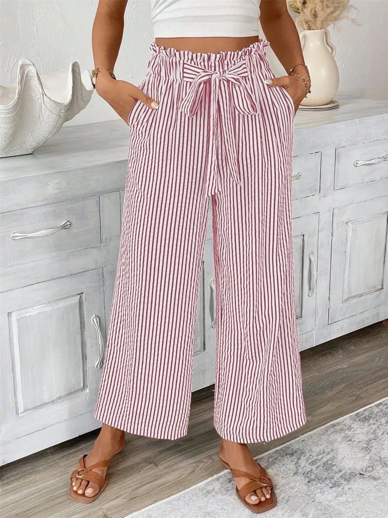 Candy - Eleganti pantaloni a righe a gamba larga e vita alta