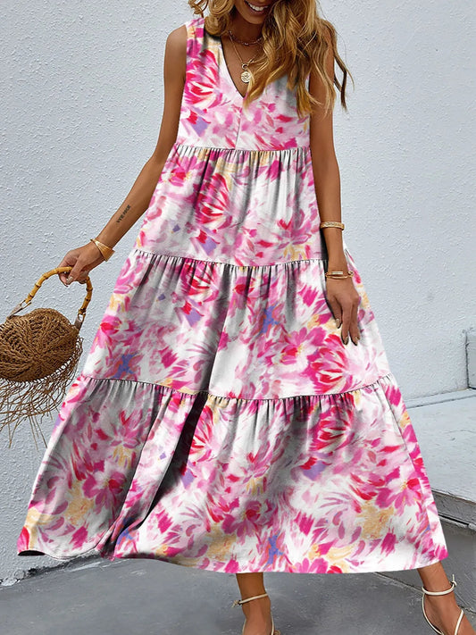 Taylor - Elegante abito maxi floreale senza maniche con scollo a V