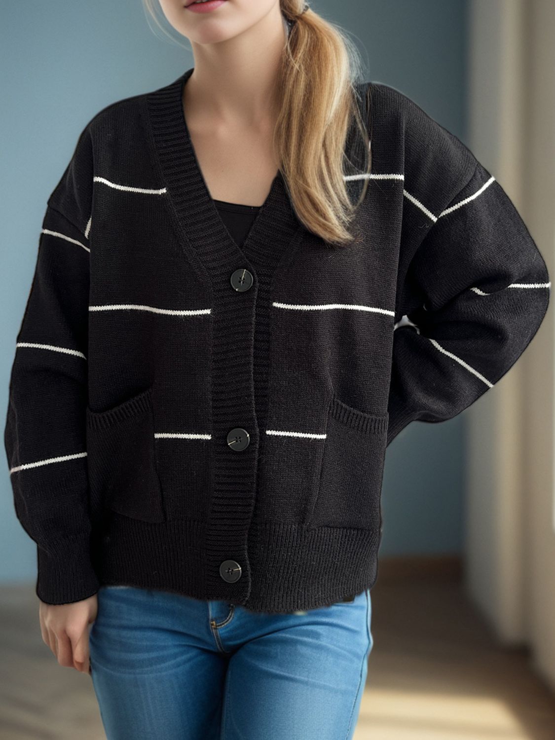 Aubrey - Cardigan casual a righe con scollo a V e bottoni