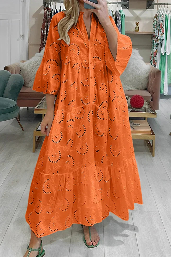 Mirasol - Elegante abito maxi vintage ricamato con maniche a campana