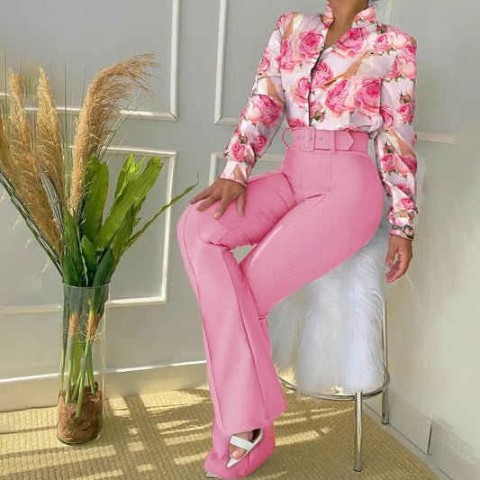 Lennea - Elegante completo con polo stampato a maniche lunghe e pantaloni