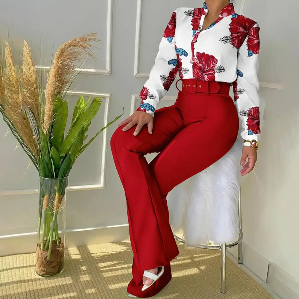 Lennea - Elegante completo con polo stampato a maniche lunghe e pantaloni